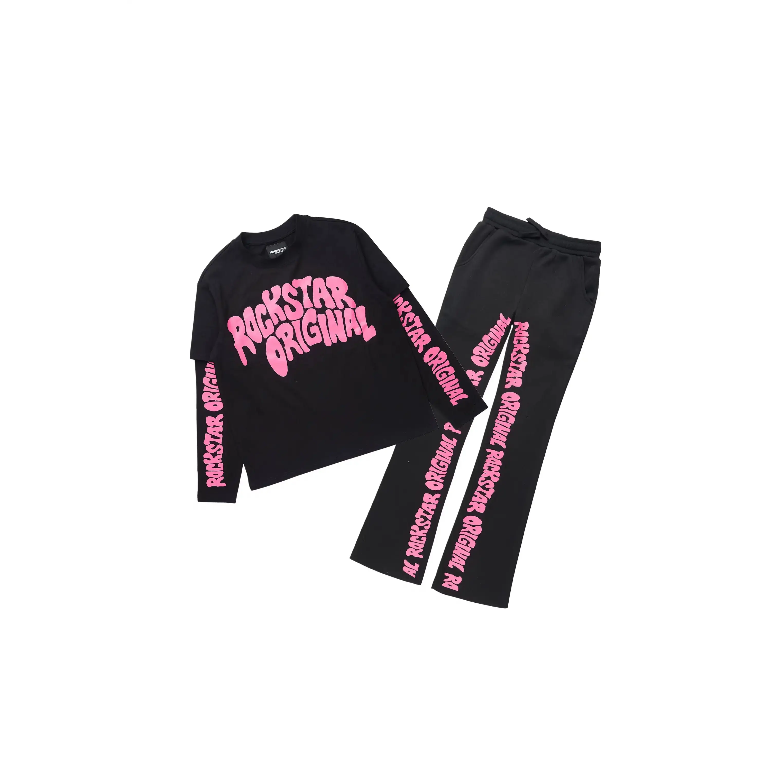 Girls Monique Black Double Layer T-Shirt Stacked Flare Track Pant Set