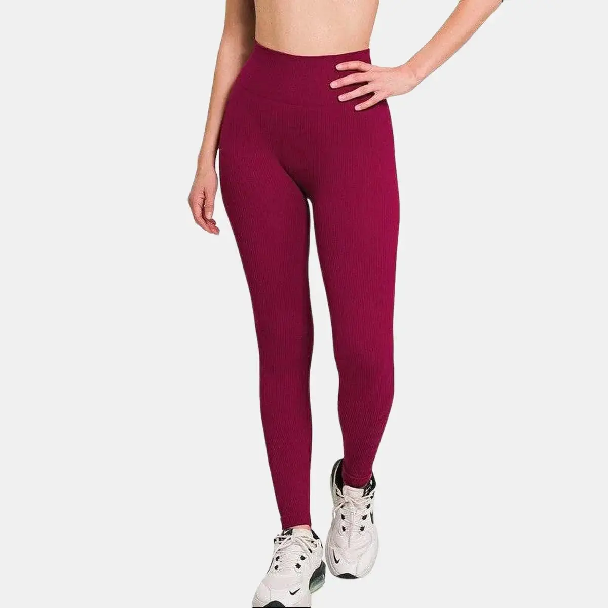 Ribbed Seamless High Waisted Full Length Leggings - Sporty Korean Trendy Fitted Bottoms for Women All Seasons Fashionable Nylon Spandex Fabric
