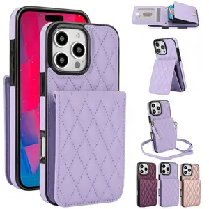 Rhombus Pattern Phone Case with Card Slot & Lanyard, 1 Count Phone Protective Cover, Phone Accessories Compatible with iPhone 11 12 13 14 15 Pro Max