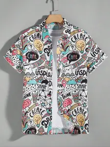 Men's All Over Cartoon Print Button Front Shirt, Regular Fit Casual Short Sleeve Collared Top for All Seasons, Fashion Men's Clothes for Daily Wear, Casual Graphic Shirt