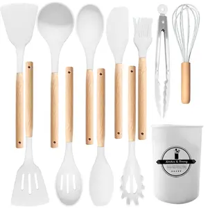 Wooden handle silicone kitchenware 12-piece set with round storage bucket, Kitchen Cooking Accessories, Kitchen Utensils Gadgets including non-stick spatula, spoon, whisk and blender, etc., perfect for Christmas, Halloween, Easter gifting.