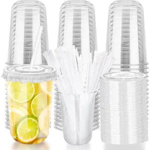 16oz Lightweight PET Disposable Stemless Glass Set - Clear Plastic Drinking Cups with Flat Lids and Straws, Transparent (50-Count) for Parties, Weddings, Sports & Outdoor Fan/Gaming Events