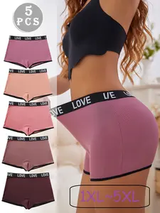 5 Pack Plus Size Women's Underwear Set, Fashion Love Letter Waistband, Comfortable Breathable Fabric, Casual Style, Breathable Comfy Panties, Soft Comfy Panties, Casual Comfy Panty, Soft Fit Panty