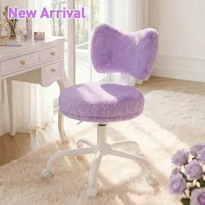Raybee Vanity Chair with Wheels Fluffy Bow Chair Purple Desk Chair with Cute Bow Backrest Fluffy Faux Rabbit Fur Small Office Chair for Vanity, Make-up Room, Bedroom, Dorm, Small Space, Height Adjustable, Pink, Color, Girls Gift #SummerVibes #NewArrival