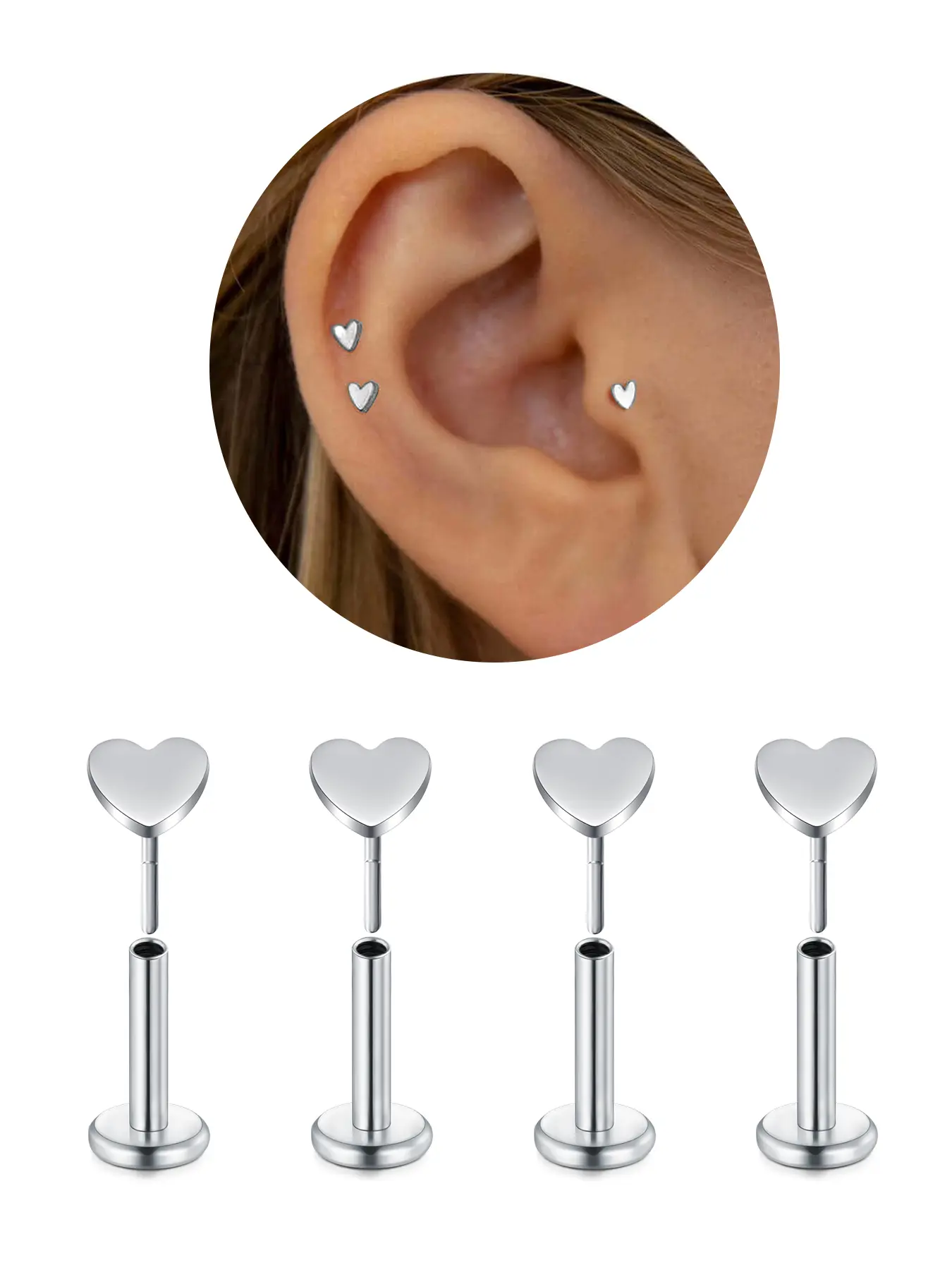 4Pcs Flat Back Threadless Earrings Heart Design, Cute Earrings, 20G Push in Stud Earrings Hypoallergenic Stainless Steel Cartilage Helix Tragus Nose Piercing 6mm 8mm Flatback Stud Earrings