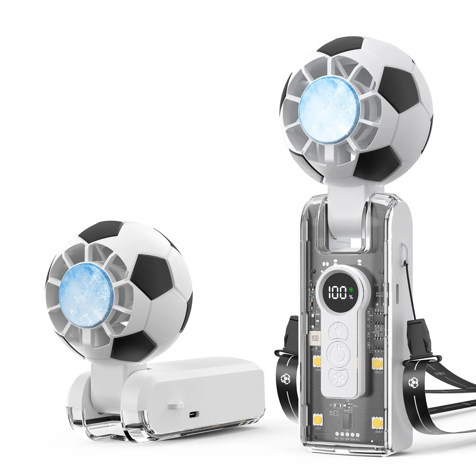 High-Power Semiconductor Handheld Fan With Ice Cooling Function, Led Display, 3600mah Rechargeable Battery, 6-Speed Powerful Turbo Airflow, Foldable Design, Transparent Casing With Fill Light, Suitable For Beaches, Outdoor Travel, And Other Scenarios