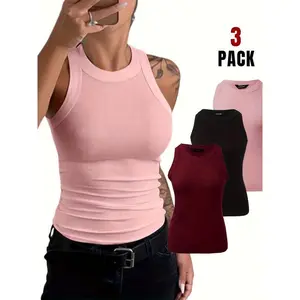 3-Pack Knit Round Neck Thick Strap Racerback Tank Tops Casual Collar Solid