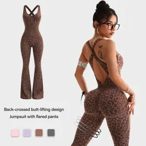 Women's Leopard Print One-Piece Flared Workout Bodysuit, Sexy Hollow Cross Twisted Back Design Fitness Women's Clothing Backless High-Waisted Yoga Jumpsuit stylish activewear Women's Bodycon Workout Tracksuit Set high waist flare leg pant s