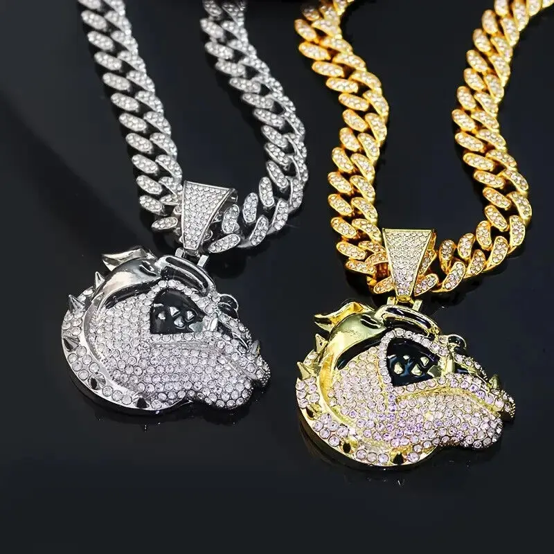 MaxBling81 Men's Very Thick Piece Iced Cubic Zirconia Bulldog Head Large Pendant - 13mm Gold Cuban Link Chain Set (18"-24"), Trendy Hot and Popular Hip Hop Costume Jewelry Gift, Fashion Cool Accessories, Gold Chain Set, Jewelry Gifts, Costume Jewelry Gift