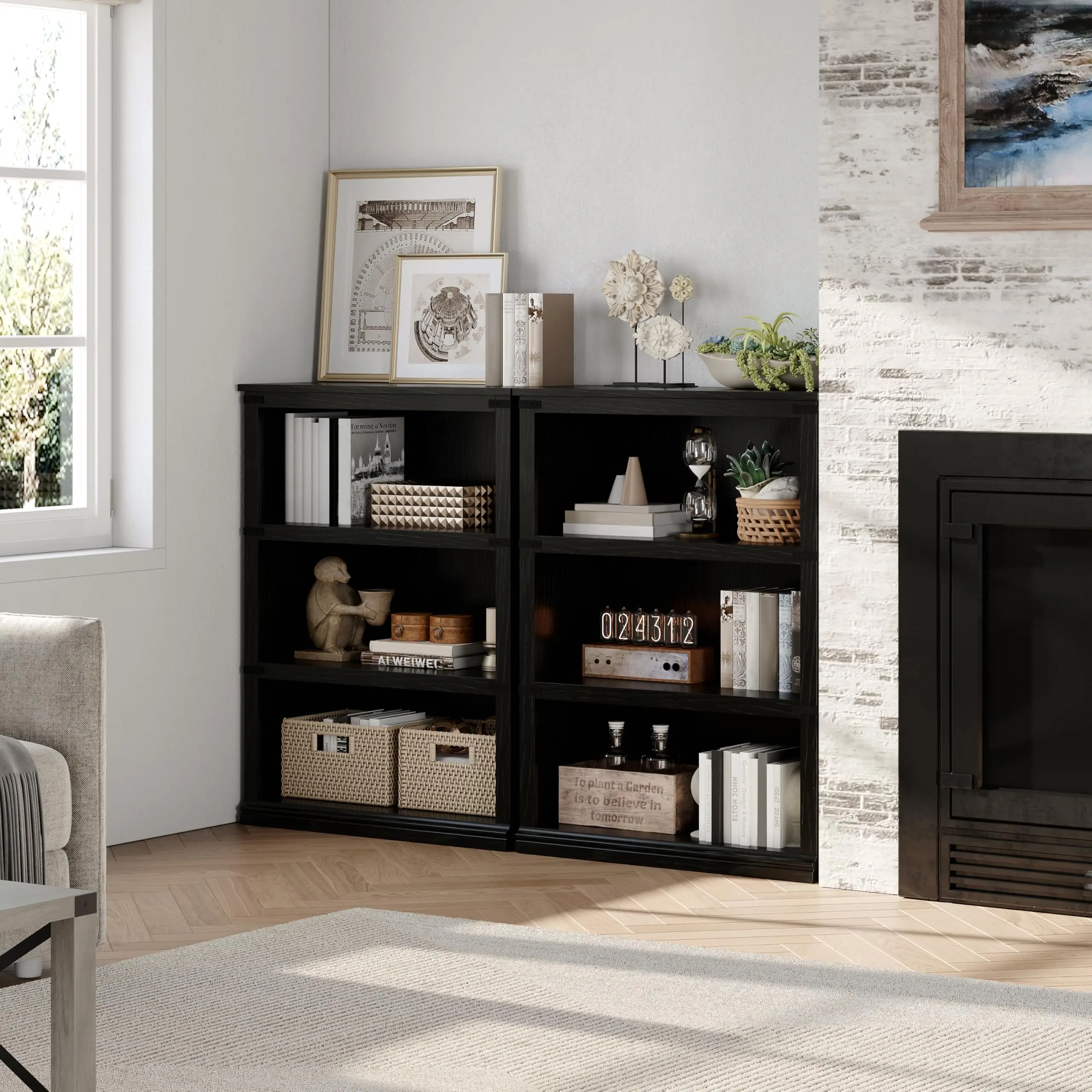 Garvee 3 Tier Tall Bookcase - Farmhouse Wooden Bookshelf with Open Storage, 40" Rustic Display Shelf for Living Room, Home Office, Bedroom in Black
