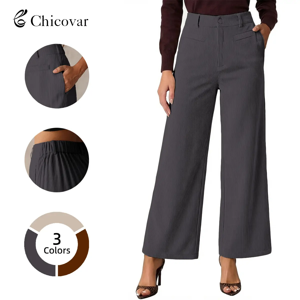 Chicovar Women's Lightweight Corduroy Pants, High-Waisted, Wide-Leg Pants, Casual Trousers with Side Pockets & All-Season Comfort, Summervibes