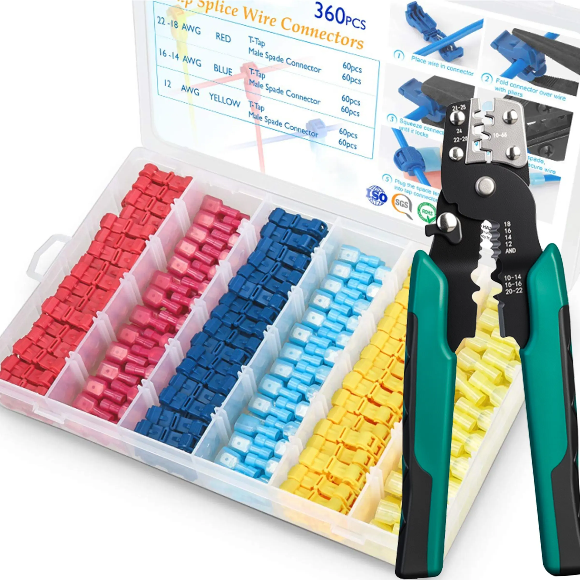 360Pcs T-Tap Wire Terminal Connectors+Crimping pliers, Male Spade Connector, T Wire Quick Splice Connector, T Connectors for Wiring with Storage Case, Durable Reliable Connectors (360Pcs)