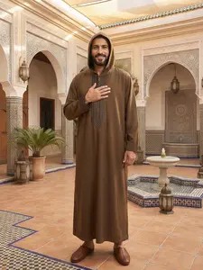 Men’s Traditional Moroccan Thobe, Classic Embroidered Loose Hooded Robe for Daily & Formal Wear Muslim Modesty