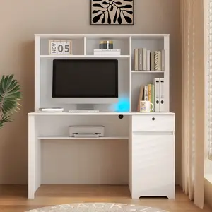 Bellemave Computer Desk with Hutch & Bookshelf, White, 3 AC Outlets, 2 USB Charging Ports, Teens & Students Home Office Desk
