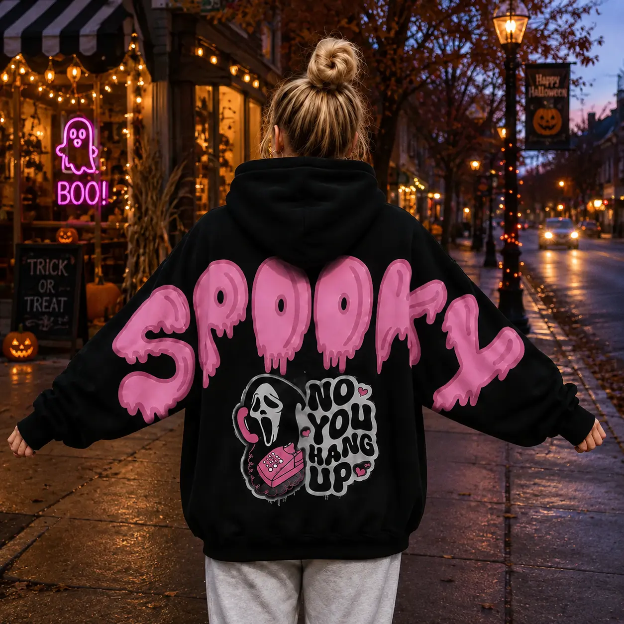 Ghostface Spooky Hoodie, No You Hang Up Scream Graphic Hoodie, Pink Ghost Face Halloween Pullover, Cute Horror Oversized Streetwear