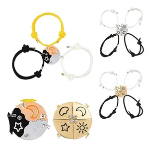 Magnetic Moon Sun Star Cloud Puzzle Bracelet Set - Friendship Cute Crescent Round Circle Geometric Best Friend BFF Pendant Necklace for 3 or 4 Women Sisters Daughter Birthday Jewelry Gifts