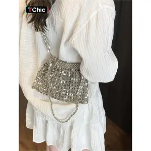 Korean Fashion Vintage Sparkle Bucket Bag, Fashionable Bucket Bag, Handmade Beaded Crossbody Shoulder Bag, Perfect for Vacation, Travel, Commuting, Shopping