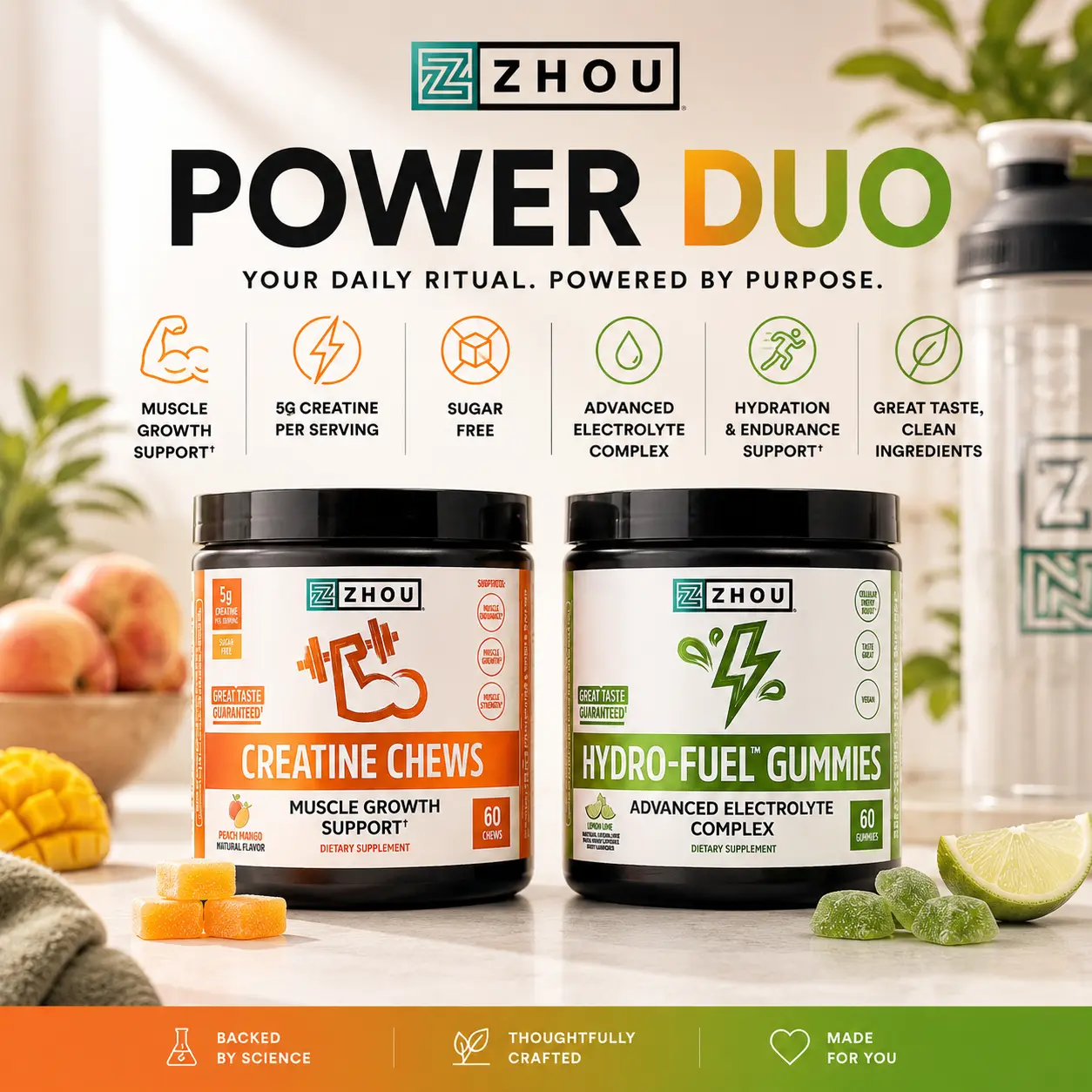 Zhou On-The-Go Power Chews Bundle — Creatine Chews + Hydro-Fuel Electrolyte Gummies — Daily Workout Routine