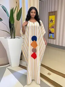 2026 Summer African Style Boubou Kaftan, Classic Stripes & Geometric Print, Loose Batwing Sleeves, Long Dress, Plus Size, Soft Fabric, Perfect for Weddings