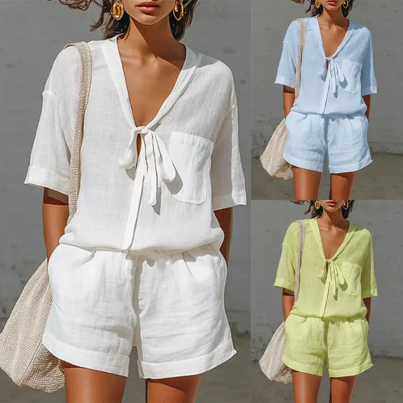 Women's 2-Piece Basic Summer Solid Color Casual Set - Cropped Lace-Up Short-Sleeve Shirt, Comfortable Loose Shorts, Women's Daily Clothes