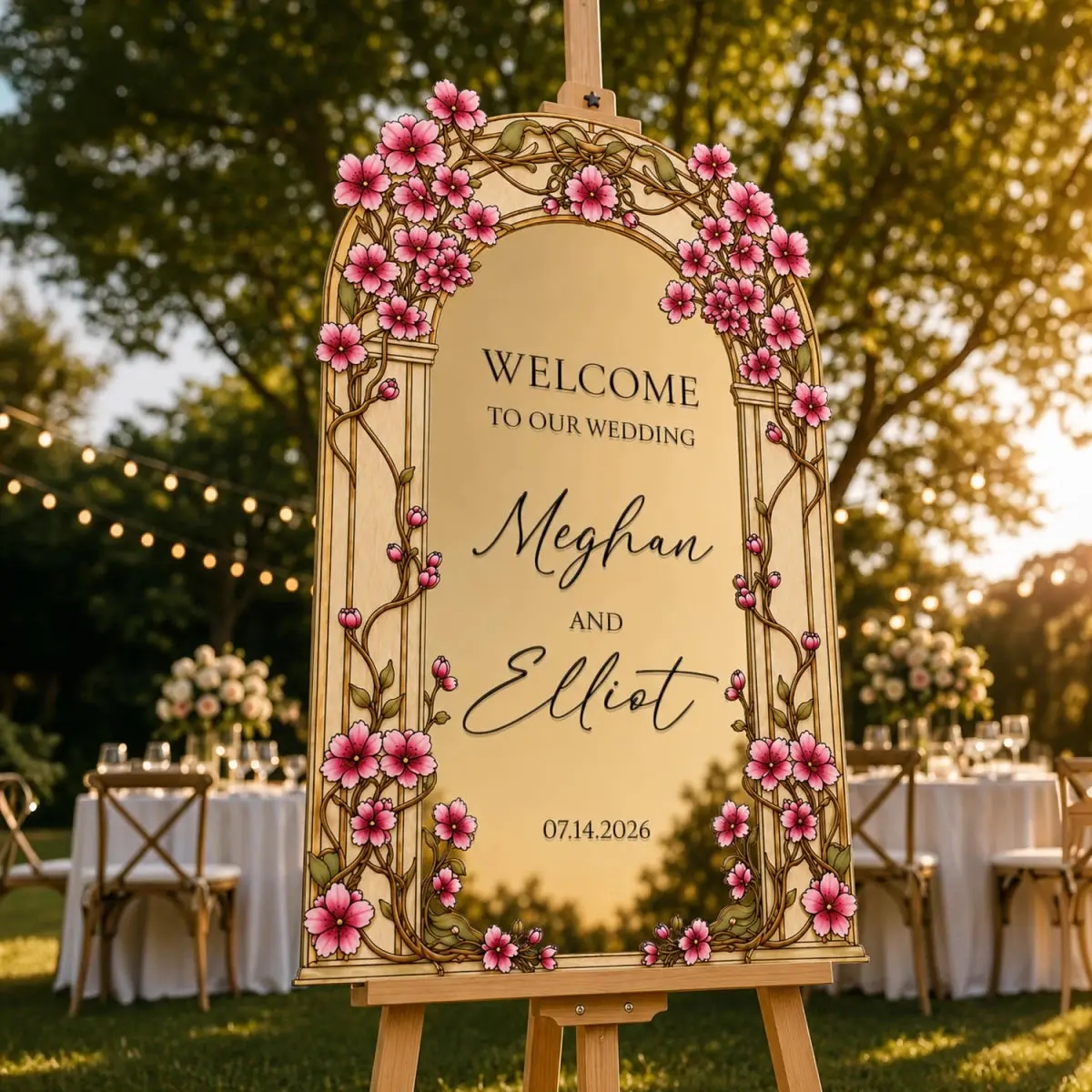 Cherry Blossom Wedding Welcome Sign — Golden Arch