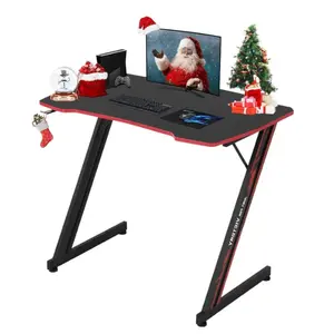 39.4 inch Gaming Desk Z Shaped Computer Desk Adjustable feet PC Computer Game Table with Carbon Fiber Surface, Cup Holder & Headphone Hook, Red