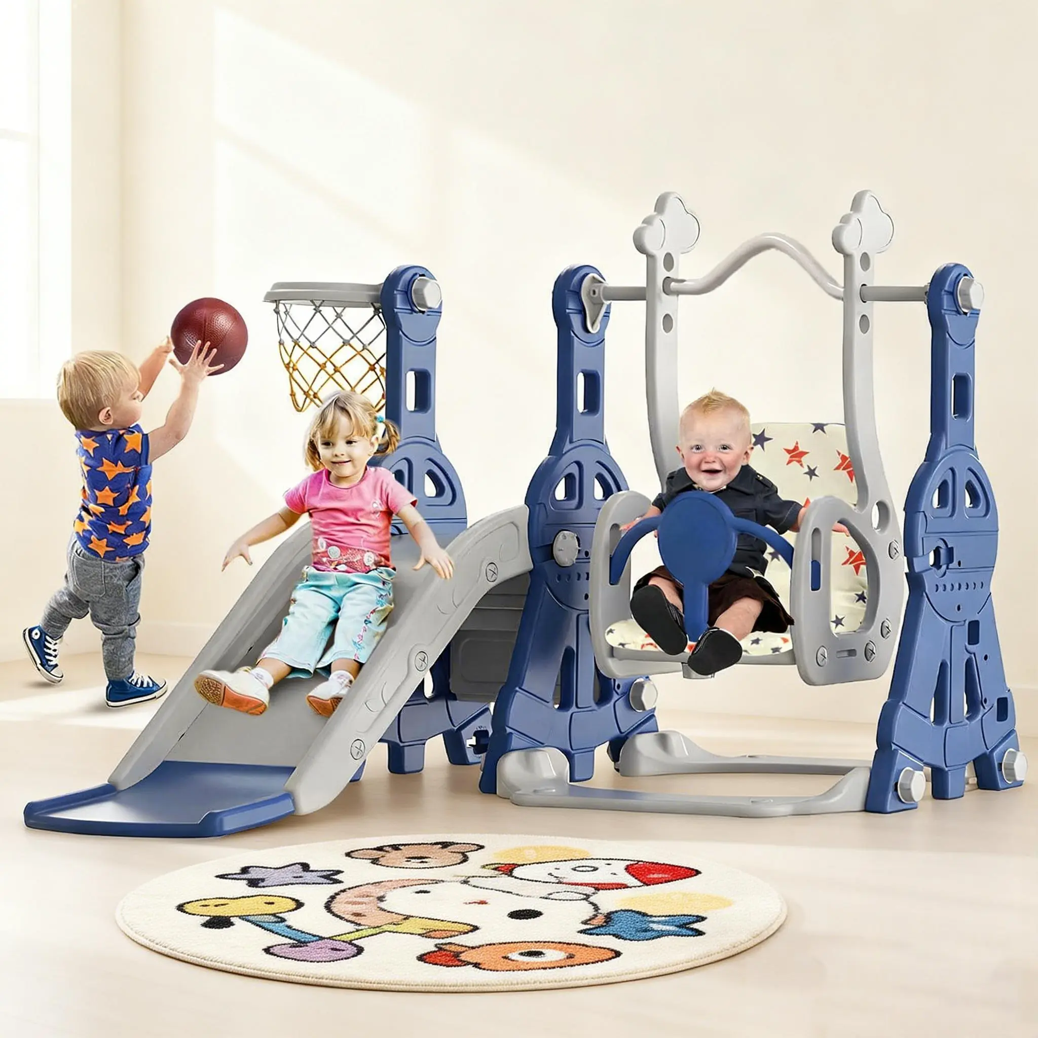 BIERUM Unisex 4-in-1 Toddler Slide Playset - Swing Set, Basketball Hoop, Sports Gear - HDPE Plastic Multi-Use Indoor Outdoor Playground Equipment (57.2" x 47.2" x 33.8") for 1-3 Years Old Kids, Birthday Gift, Birthdays