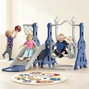 BIERUM 4-in-1 Toddler Slide & Swing Set with Basketball Hoop，Indoor & Outdoor Baby Playground for Ages 1-3