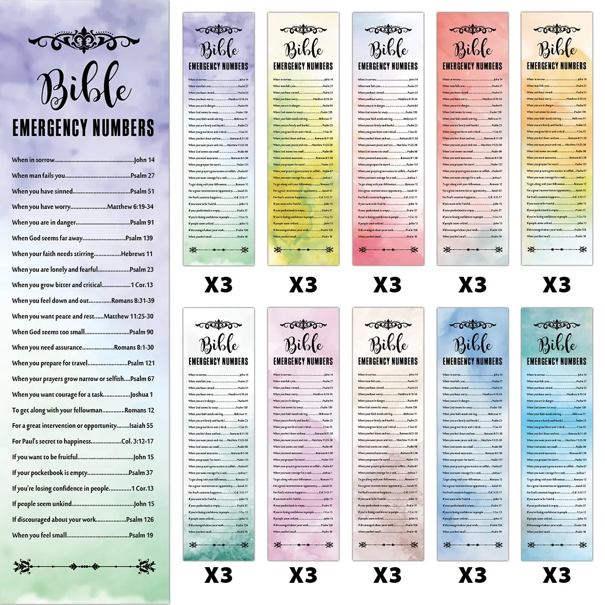 30 Pcs Watercolor Design Christian Inspirational Quotes Bible Bookmark Set, Religious Scripture Bookmarks, emergency numbers, Welcome Thankyou Gift, Daily Encouragement, Church Sunday School Supplies