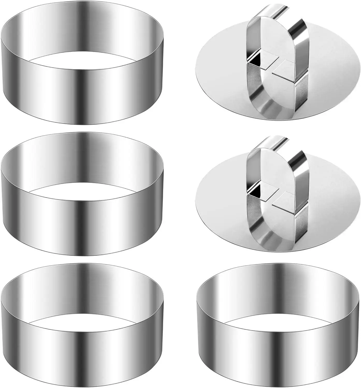 4-Pc Corrosion-Resistant Stainless Steel Round Cake Ring Molds with Arched Handles + 2-Pc Smooth Metal Pushers, 3.15in Nonstick Mousse Rings with Covers, Easy-to-Clean Reusable Kitchen Bakeware for Adults’ Mousse Cakes