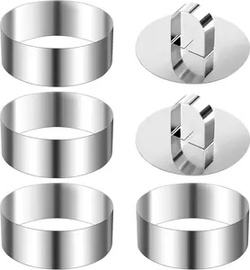 4 pcs stainless steel circular cake ring mold, with 2 pcs Pusher, non stick mousse ring, reusable, suitable for baking, mousse cake, caramel pudding, desserts