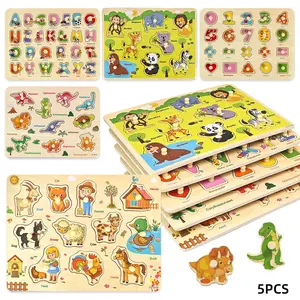 Alphabet Number Animal Puzzle Set, 5 Pieces Hand Grab Board,Train Logical Thinking Hand-eye Coordination Skills, Color and Shape Recognition, Birthday Party Back to School Halloween Christmas Gift for Kids Boys Girls, Wooden Peg Puzzles