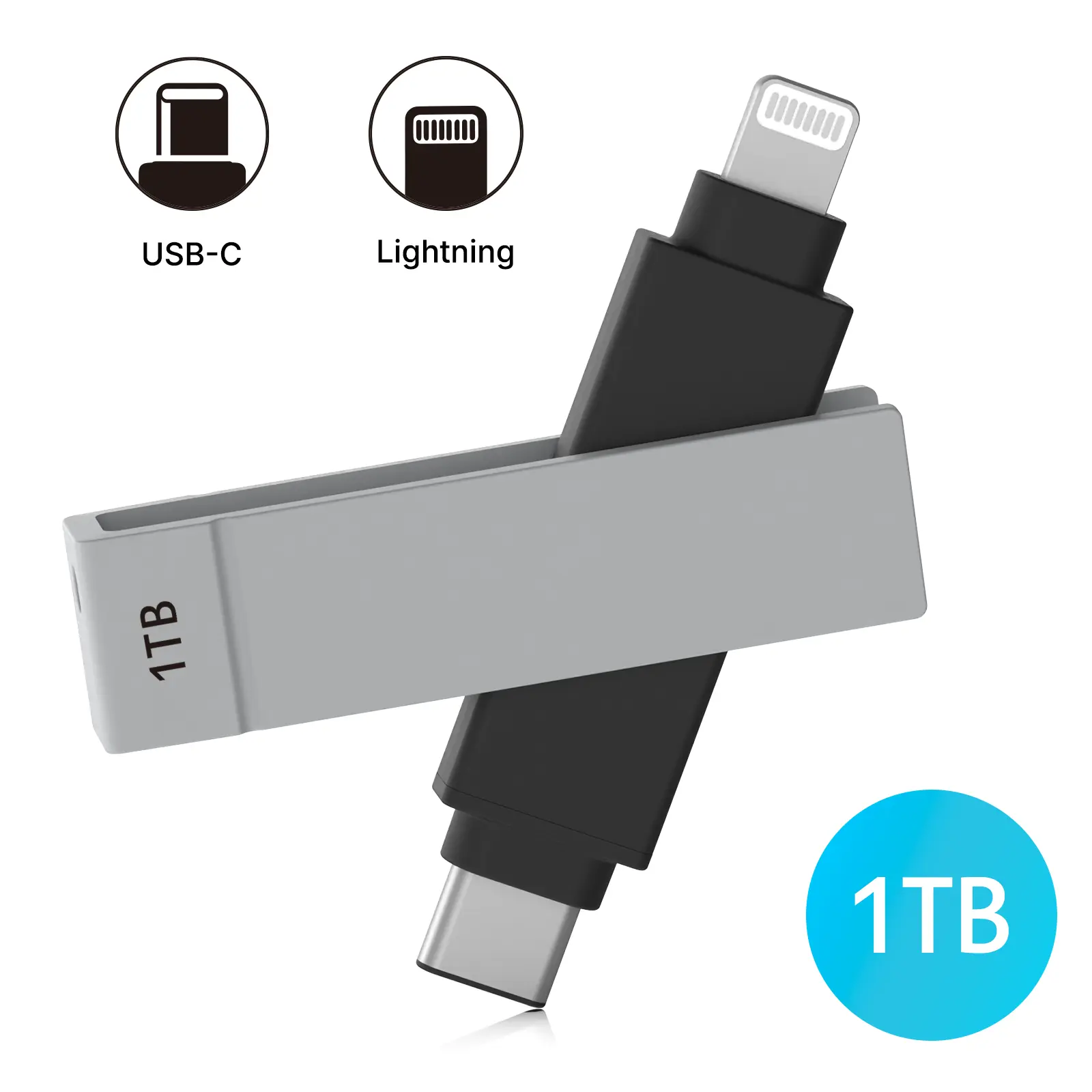 iXflash 1TB Lightning & USB C 3.2 Photo Stick Flash Drive for iPhone, iPad, Mac, & PC - Black/Gray
