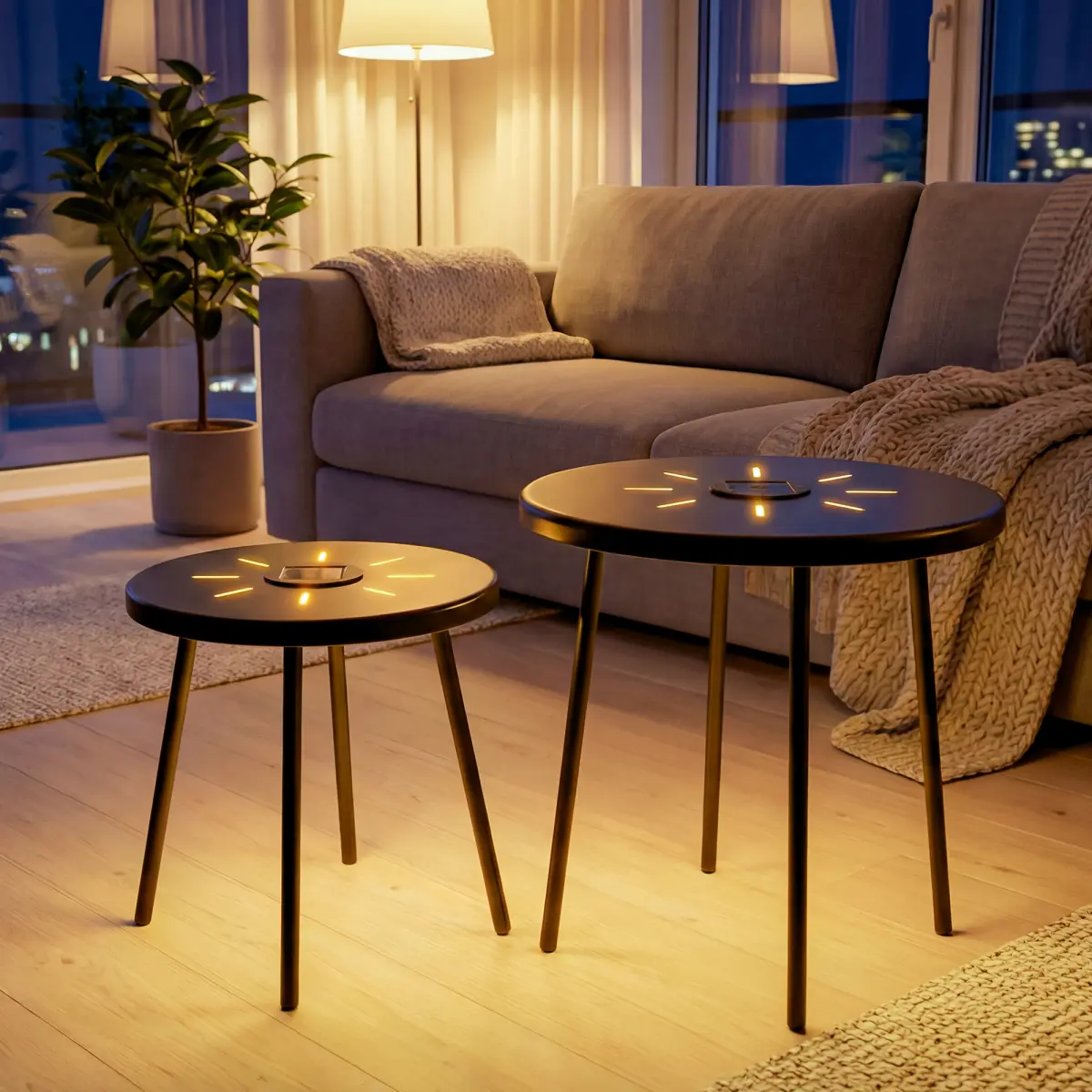 Black Round Nesting Coffee Table Set of 2, 2 PCS Small Outdoor Nesting Tables with LED Light for Living Room, Metal Side Table Set for Balcony Patio