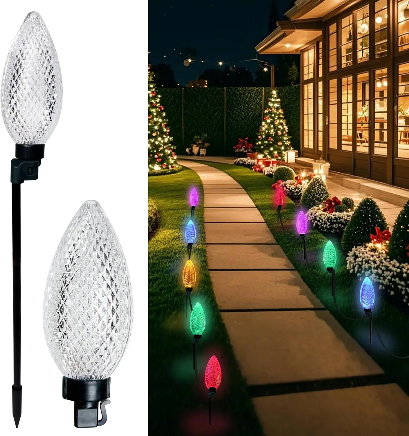10 LED 24.6FT Christmas Pathway Lights, Multi & Warm Color Pinecone Marker Lights with 10 Steel Stake & 11 Modes, Connectable Ground Light for Lawn, Patio, Walkway, Sidewalk (10)