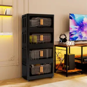 Large Storage Box Bins with Lid, 4 Tiers Collapsible Closet Organizers, Stackable Plastic Storage Bins Cabinet Box with Wheels and Magnetic Door(Black) ,Foldable Transparent Stackable Storage Bin