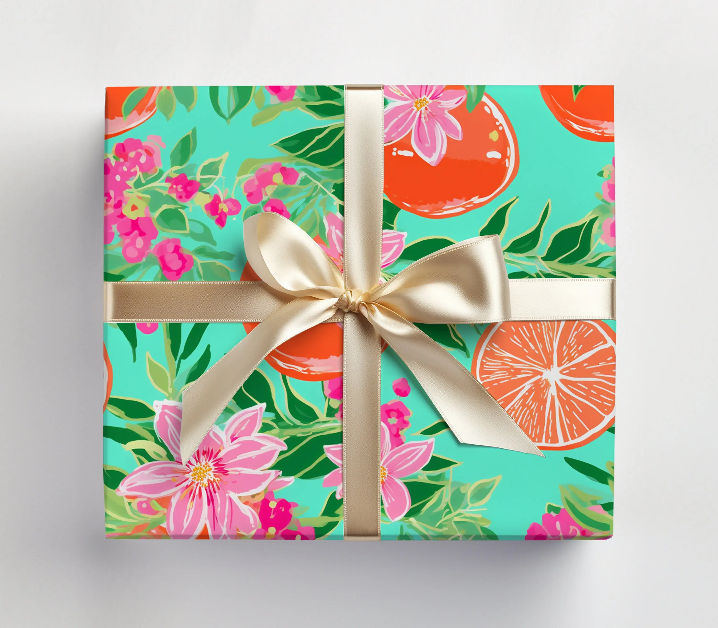 Citrus Christmas Wrapping Paper Roll, Modern Turquoise Christmas Wrapping Paper Oranges Christmas Wrapping Paper, Preppy Pattern