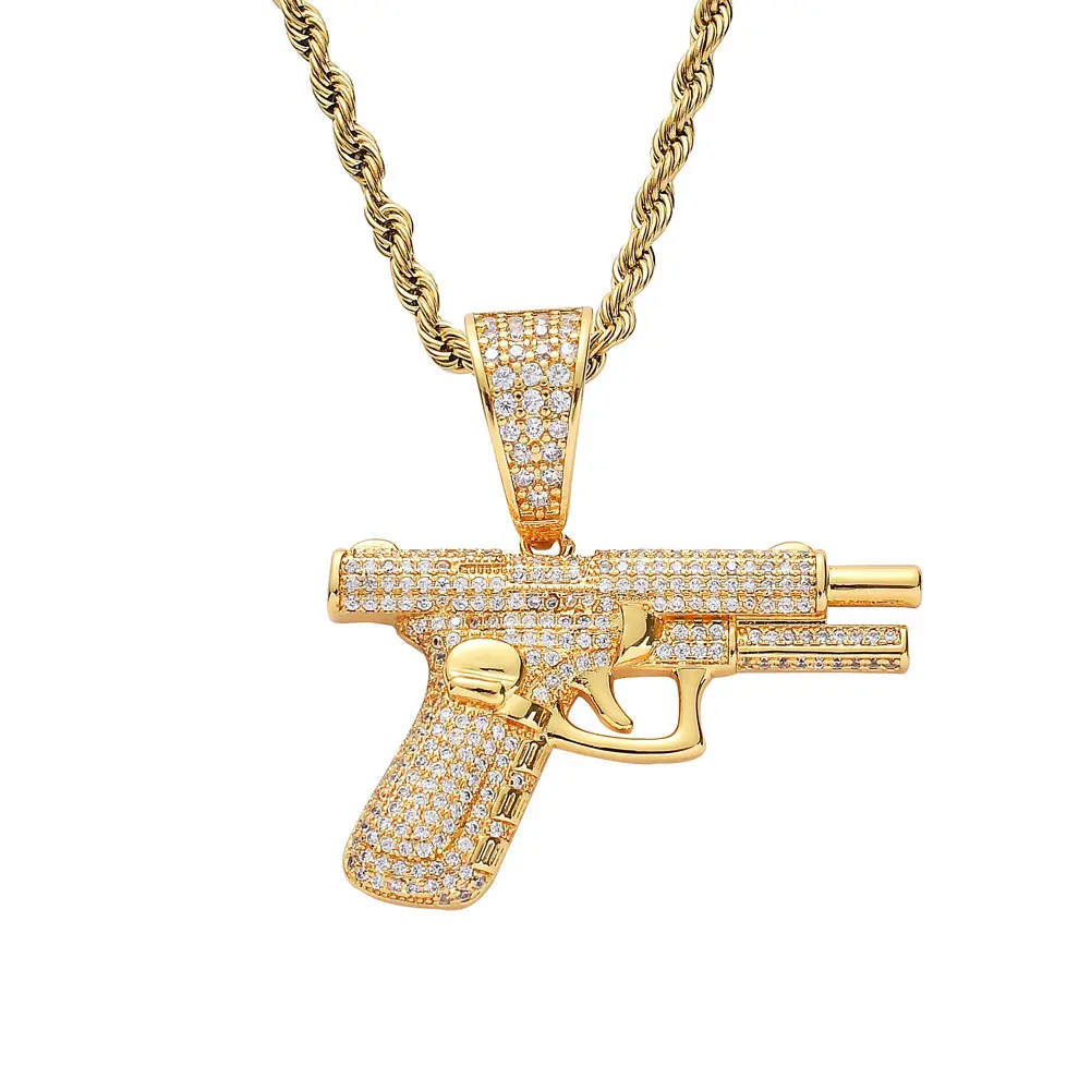 Men's Hipster Pistol Necklace Creative Set - Hot-Selling Artificial Gemstone Accessory with Synthetic Diamond, Zirconia Bullet-Case, Metal Coating, Casual & Party Wear, Ideal Gift for Adult Males, 2 Colors, Adults