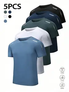 Men’s Ice Silk Quick-Dry Sports Short-Sleeve T-Shirt Set, Reflective Stripes, Breathable, 5 Pieces