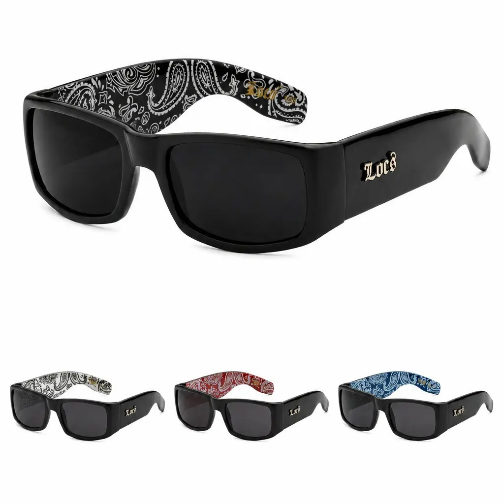 LOCS Sunglasses — Square Frame Shades | Black w/ Bandana Print Temples, Smoke Lens, UV400