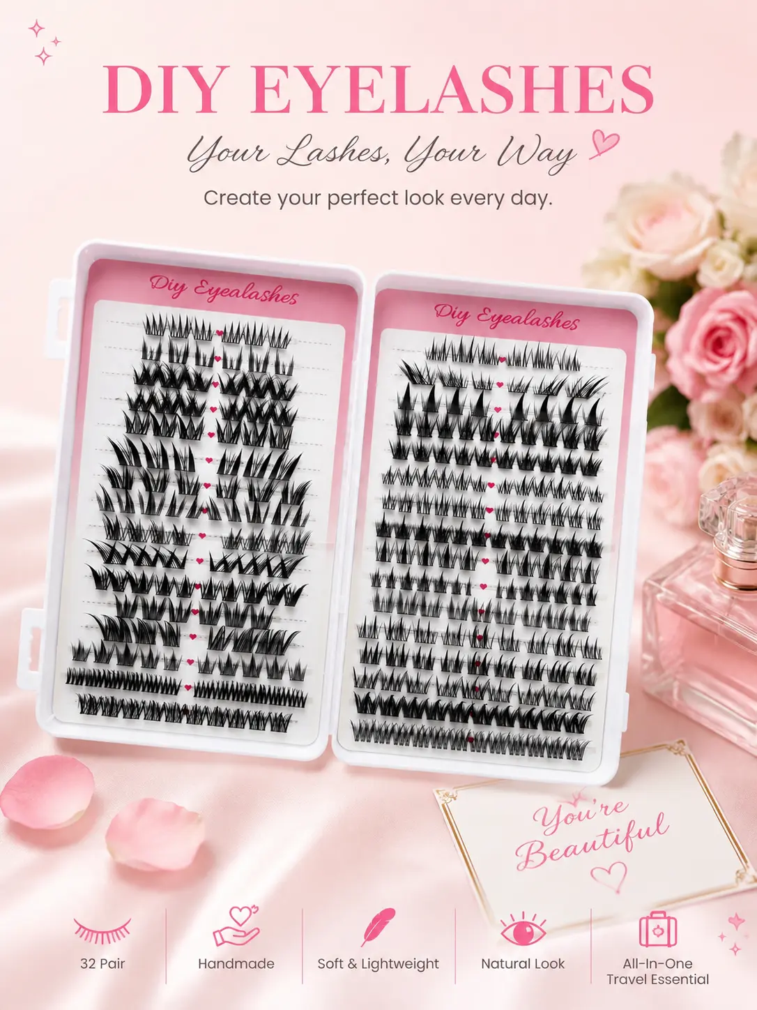 DIY Eyelashes Book - 32 Pairs Handmade Cluster Lashes, Soft & Lightweight, Natural Look, Travel Lash Kit
