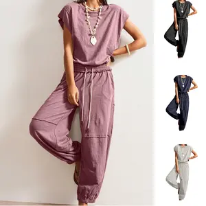 SCUSTY Women's Hollow Out Boho Jumpsuit Bohemian Short Sleeve Drawstring Waist Cuffed Ankle Playsuit Casual Solid Knitted Lounge Set