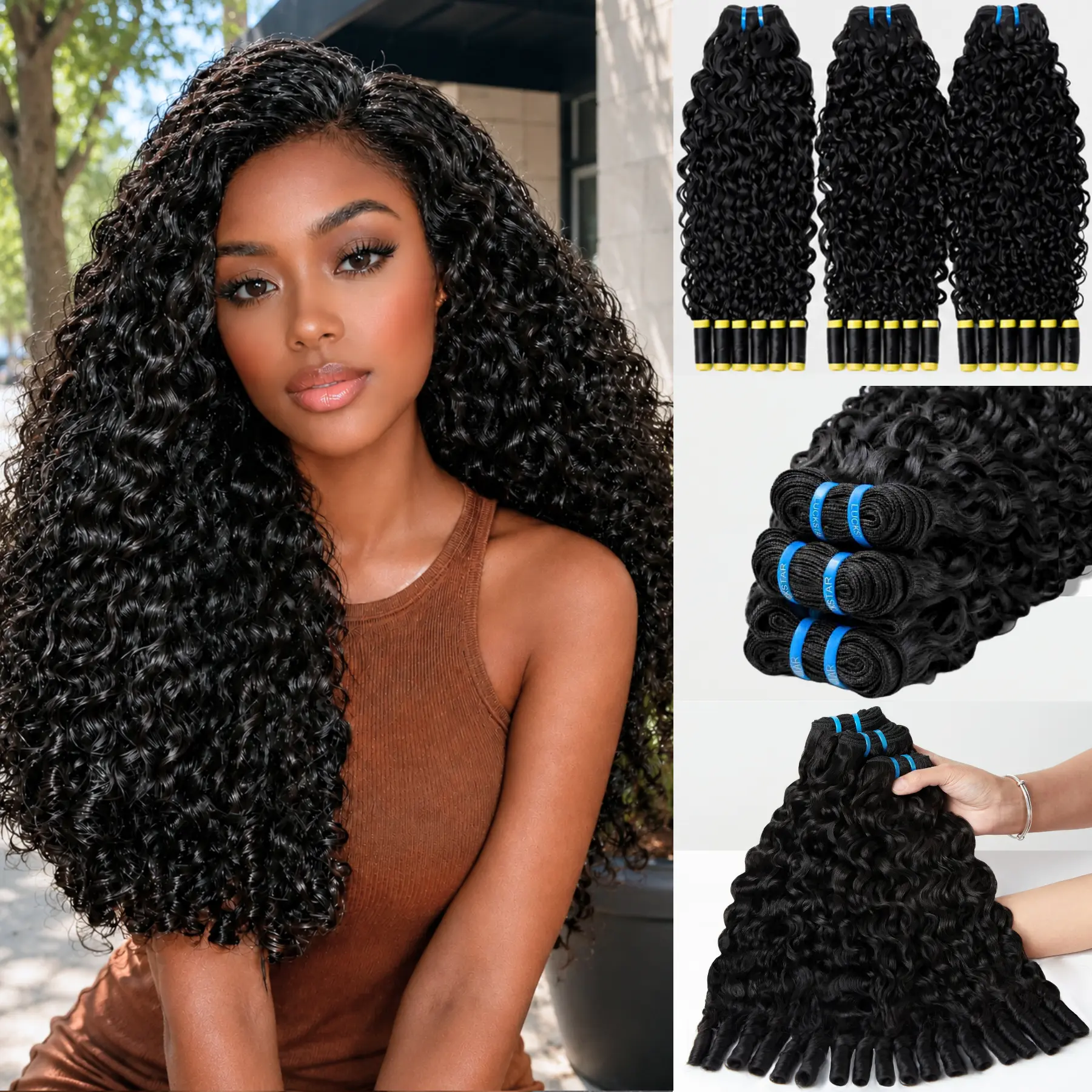 LUCKSTAR Natural Black Burmese Curly Human Hair Bundles 100% Human Hair Double Drawn Suitable for Sew-In and Quick Weave Multiple Lengths Available backtoschool