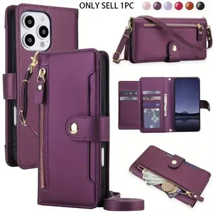 PU Faux Leather Protective Wallet Case Compatible with for iphone 17 Air 16E 16 15 14 Plus 13 12 Mini 11 Pro X XS Max XR 8 7 Plus SE 5G 2022 2020 SE3 SE2, Kickstand Crossbody Zipper Mobile Phone Bag with Wrist Strap Cover Cellphone