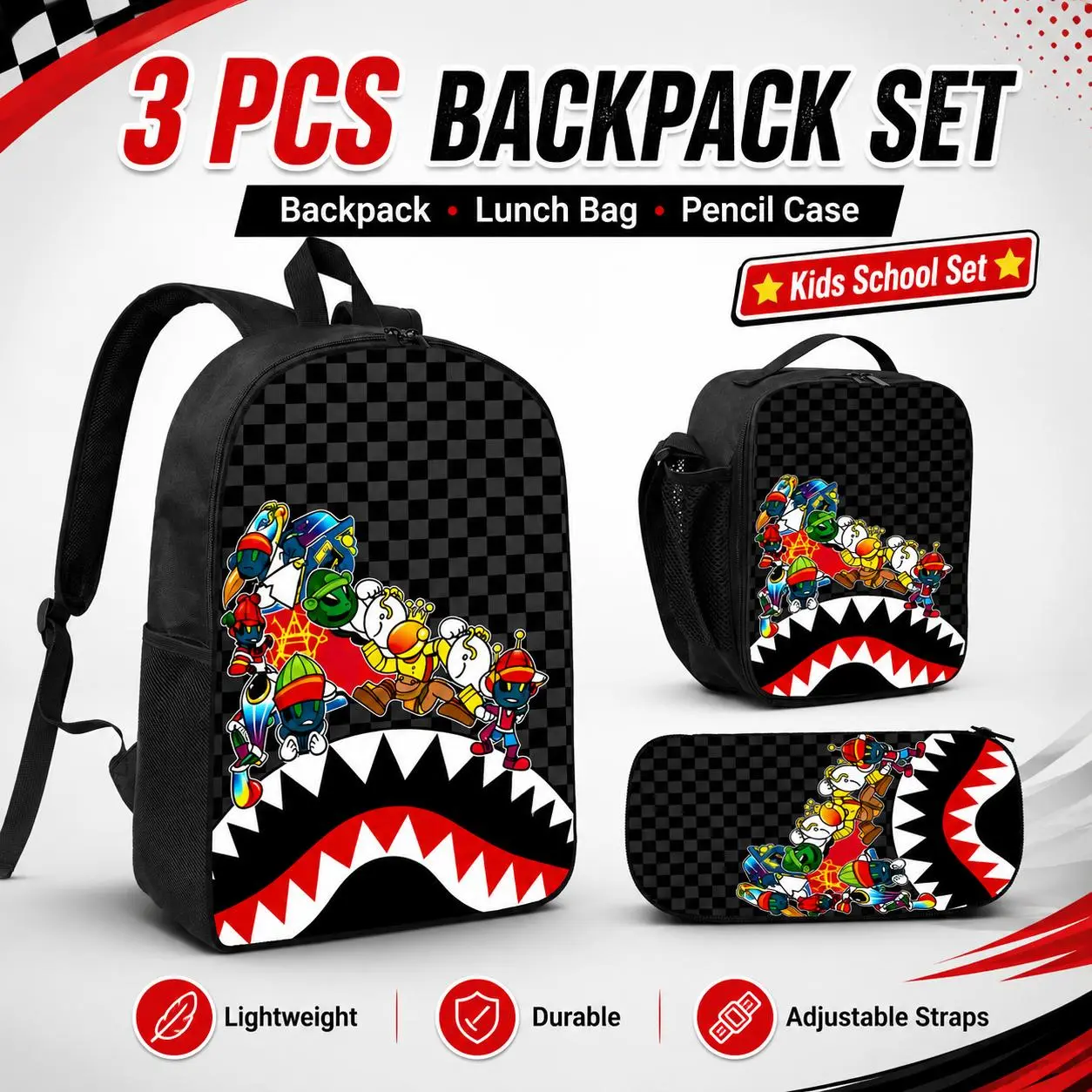 Hip hop Urban Street Style Hip Hop Graffiti Shark Mouth Backpack Set - 3PCS Lightweight School Daypack with Lunch Box & Pencil Case for Teens Kids, Trendy Streetwear Gift
