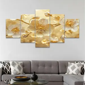 5 Counts Unframed Canvas Poster, Gold And White Flower Branch, Poster, Living Room Decoration, Modern Home Decoration, Family Poster, Wall Art Decoration, Odorless, Waterproof, Modern Floral Paintings, Artwork