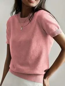 Women's Short Sleeve Sweater Shirts Casual Crew Neck Knit Tops Summer Work Blouses Elevated Basic Tees S-XXL