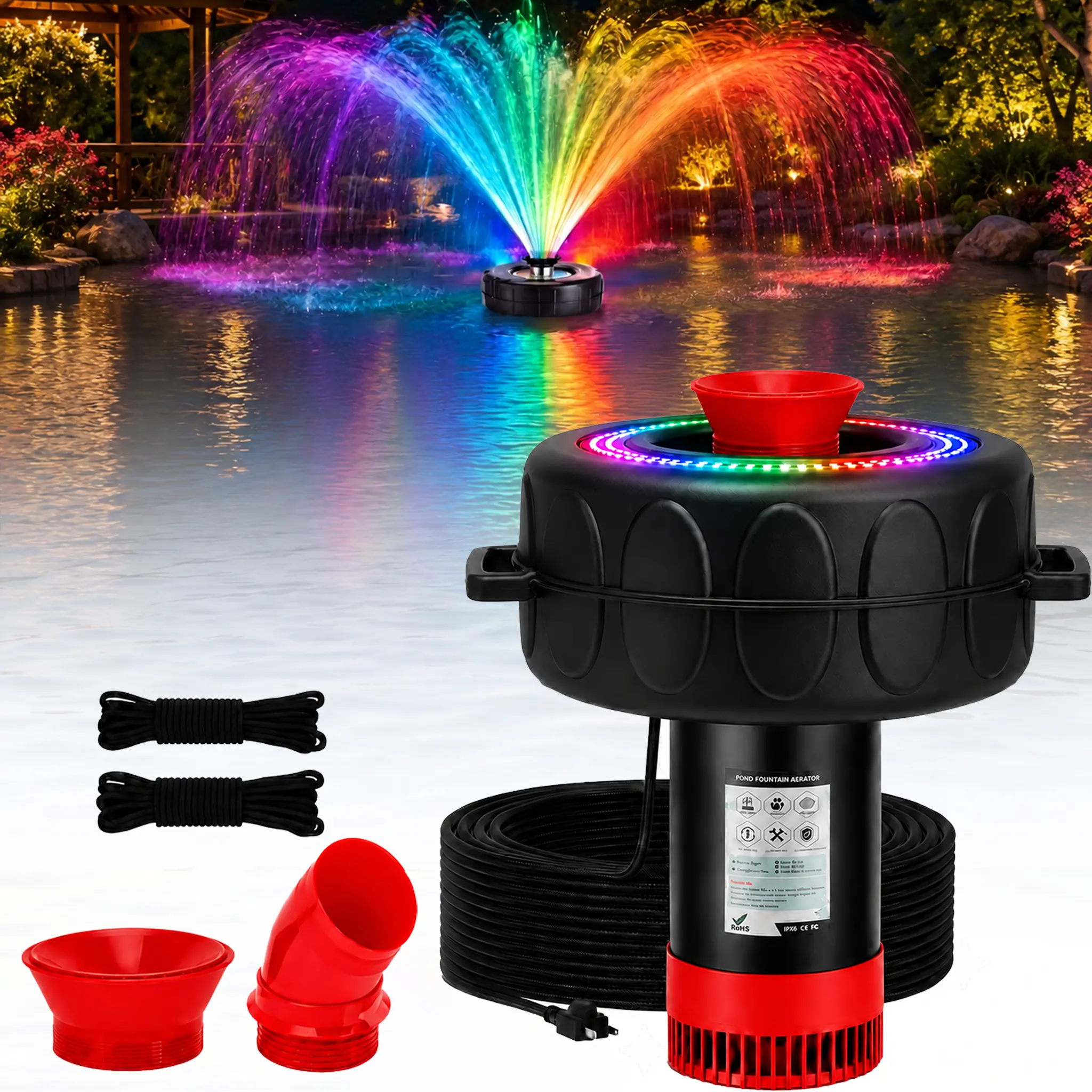 BOFEIKETE Pond Fountain Aerator, LED RGB Multicolor Aerator Floating Fountain Light,1HP 110V 15000 GPH Stainless Steel Fountain Pump, Fully Automatic Powerful Lake Floating Fountain, 100 FT Power Cord