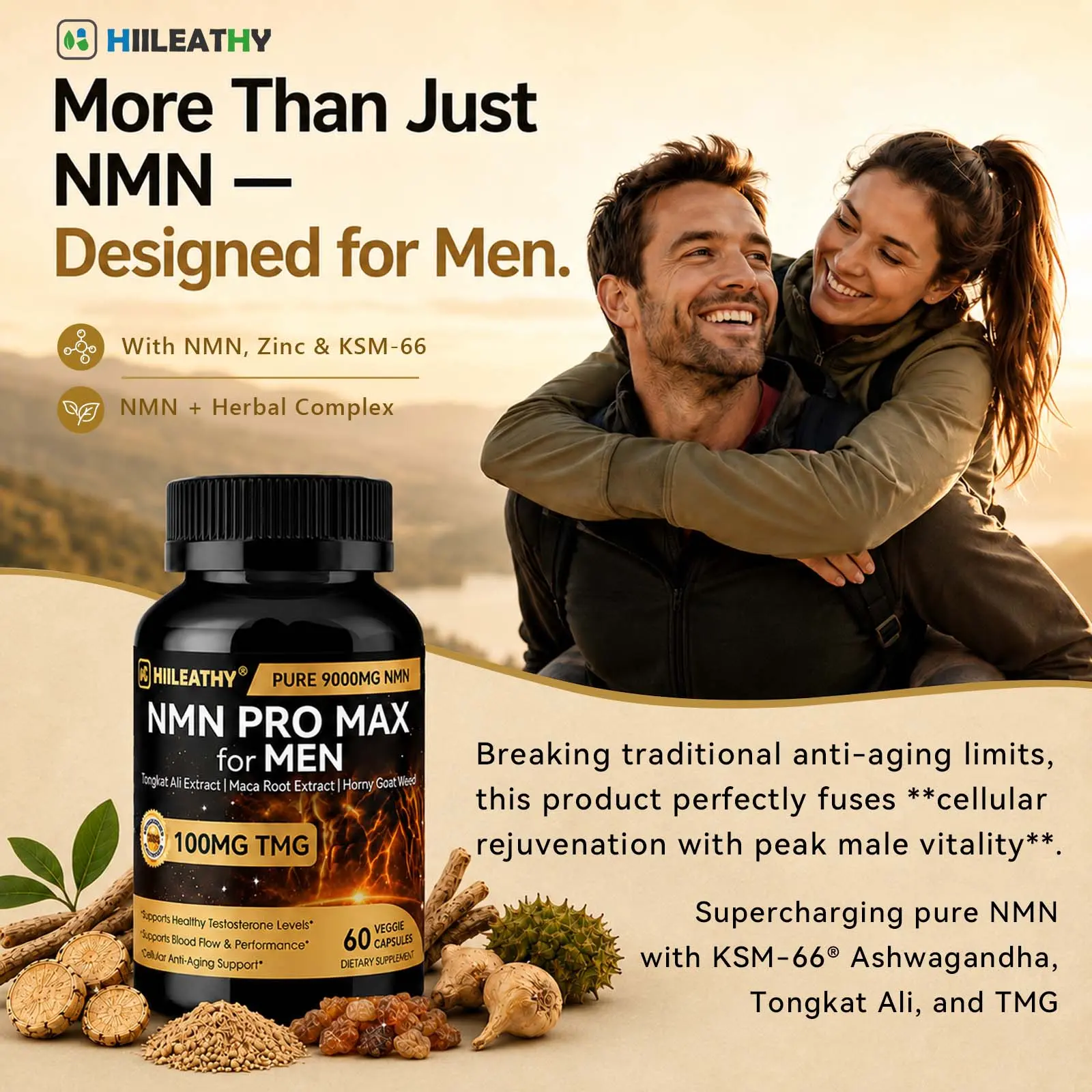 HIILEATHY NMN Pro Max Dietary Supplement with NMN, TMG, Zinc & Quercetin, Energy Metabolism & Antioxidant Support, 60 Veggie Capsules