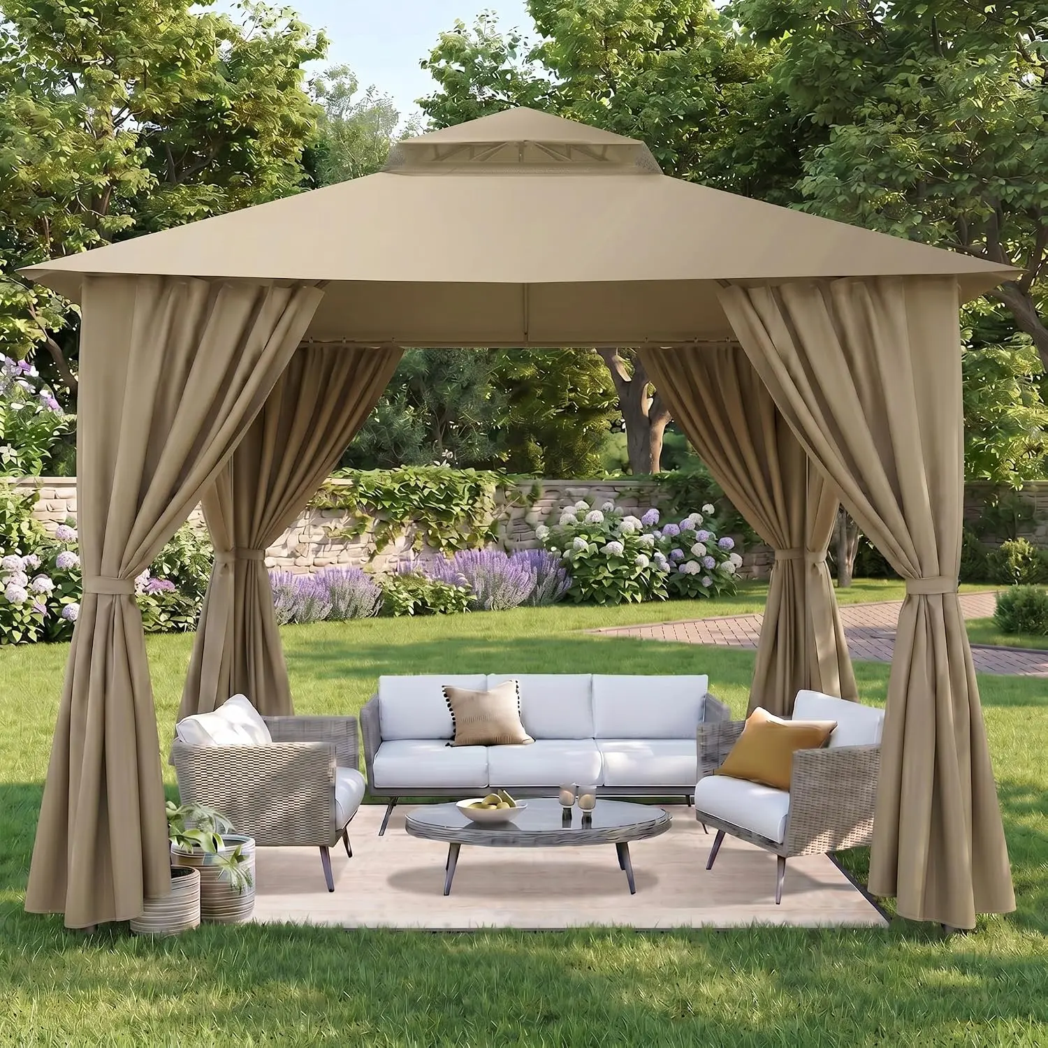 10'x10' outdoor shade tent with ventilation and two flat roofs, easy all-weather setup, suitable for yards, backyards, and gardens